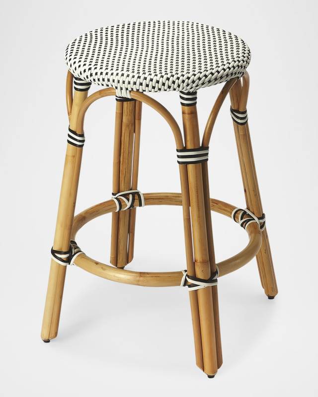 Tobias 24" Rattan Counter Stool, White/Black Dot